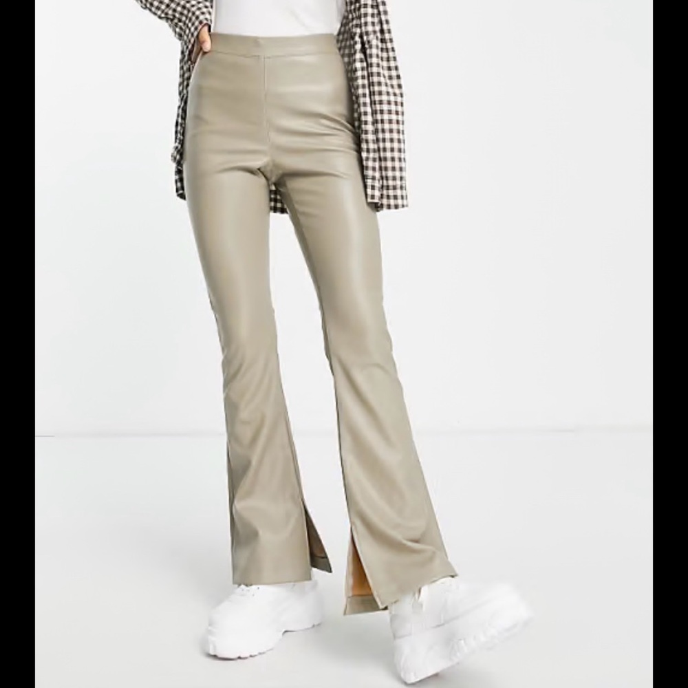 Topshop Faux Leather Flare Pants in Taupe-Green